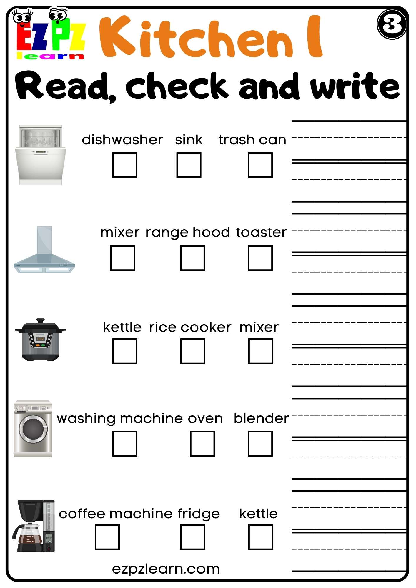 Kitchen Appliances Read Check and Write Worksheet Set 3 for ESL and Homeschool students PDF
